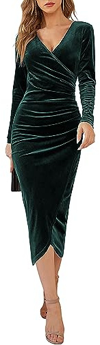 Yutdeng Abito da Donna Vestito a Maniche Lunghe Scollo a V Vestito da Sera Autunno e Inverno Elegante Abito da Festa in Velluto Increspato Vintage Abito da Cocktail Dress,Verde,XL