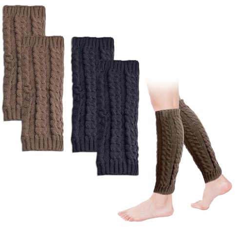 SLEEKEE Set di 2 paia di scaldamuscoli da donna, blu navy e cachi, scaldamuscoli invernali, calze a maglia e ginocchia, calze termiche alte cosce, Blu navy e kaki, ca. 40 cm lang, 13 cm breit