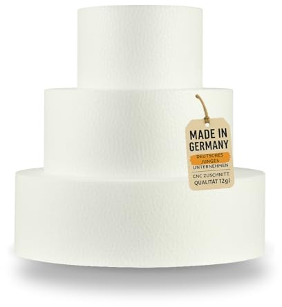 LA LILEYN Torta in polistirolo a 3 ripiani, extra alta e larga, con nastro biadesivo rotondo, diametro 22/16 e altezza 10,5 cm, altezza 8,5 cm, qualità 12 g/l, taglio CNC
