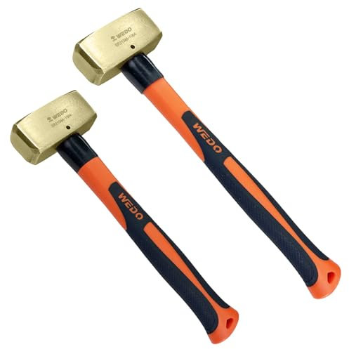 WEDO 2 martillos de trineo, 1 libra + 4 libras, cabeza de latón de 500 g + 1800 g, mango de fibra de vidrio de absorción de golpes, juego de martillo de latón tipo alemán, forjado a presión único,