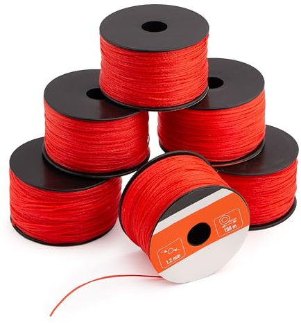 MIVOS Corde de maçon 100m, épaisseur 1,2mm - Paquet de 6 Cordeau d'alignement en rouge - Cordeau de construction - Cordeau de plomb - Cordeau de pavage durable et résistant à la déchirure - 210N