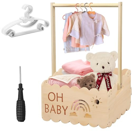 Cesta de madera para regalo de bebé con asa, caja de madera para baby shower, caja de ducha de bebé, perchas para niños, cesta de almacenamiento para bebés, cesta de almacenamiento para bebés, cesta