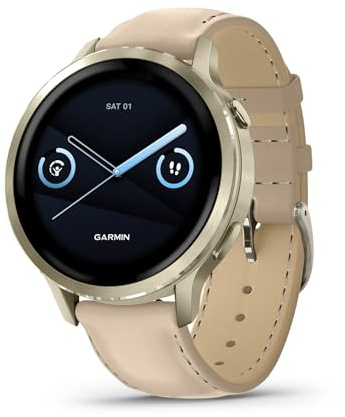 Garmin Venu® 4, 41mm, Advanced Health and Fitness GPS Smartwatch, Bright and Colorful Display, Built-in Flashlight, 10 Days of Battery Life, Lunar Gold with Bone Silicone Band/Light Sand Leather Band