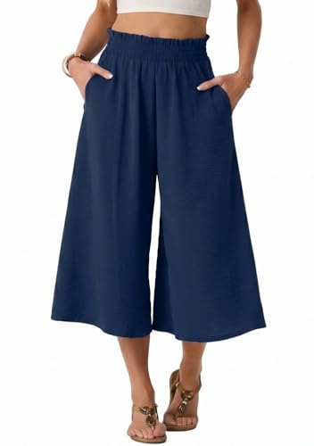 PrinStory Pantalon d'été léger pour femme - Taille haute - Culotte d'été décontractée - Pantalon palazzo à jambes larges - Avec poches