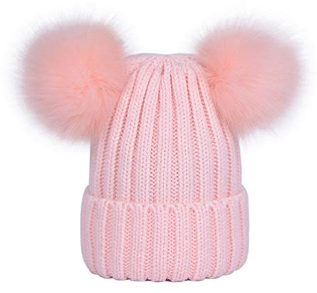 LAUSONS Girls Double Pom Beanie Boys Winter Faux Fur Pompom Beanie Bobble Hat Pink
