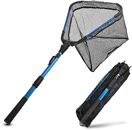 Folding Fishing Landing Net Collapsible Dip Net Telescopic Pole Extensible Fishing Net for Kayak Boat Saltwater Freshwater Safe Fish Catching or Releasing
