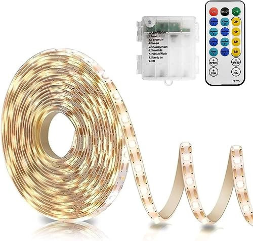CCILAND 5M Strip Lights Battery Powered, 150 LED 2700K 2835 SMD Light Strip with Remote 8 Modes Timer, Outdoor Strip Lights Waterproof Self-Adhesive for Kitchen Bedroom Cabinet Bar Decor (Warm White)