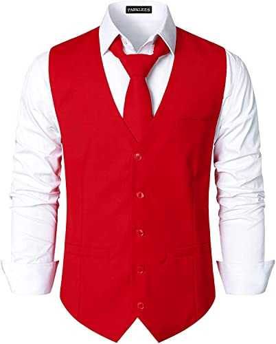 PARKLEES Men's Hipster Urban Design Business Formal Waistcoat Slim Fit Suit Tuxedo Dress Vest Red L