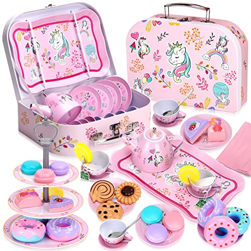 Auney 36 PCS Tea Set Toys for Girls,Tin Unicorn Toys Tea Party Pretend Play for Little Girls,Kids Real Littles for Tea Time with Tea Filter Bags and Lemon Slices,13 PCS Dessert Toys for Kids(Unicorn)
