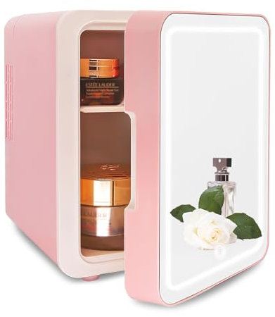 VNIMTI Mini Fridge 4L/6 Cans, Portable Skincare Fridge with Mirror, Small Fridge for Bedrooms, Cooler & Warmer Refrigerator for Car, Drinks, Beauty, Table Top, Office, Travel (4L- Pink)