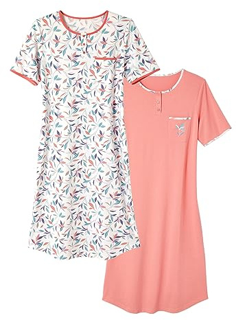 Damart - Lot De 2 Chemises De Nuit Jersey Pur Coton Peigné Femme Rose Imprimé Taille 42-44 (M)