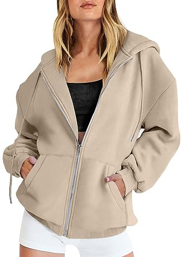 Sudadera con Capucha de Cremallera Completa para Mujer Sudadera Deportiva de Corte Regular Sweatshirt de Manga Larga Blusa Oversize Chaqueta Jacket Fitness con Bolsillos Talla Grande(AE-Beige,XXL)