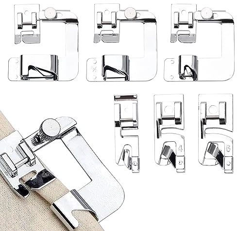 Wisebom 6 Stück Nähfüsse Edelstahl Nähfuß Nähmaschine Presser Fuß für Nähmaschine 3 Nähfüße für schmalen Rollsaum (3/4/6 mm) 3 Nähfüße für Breiten Rollsaum(4/8,6/8,8/8 Zoll) Multifunktion
