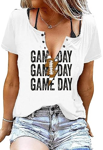 Game Day Football Shirts Women V Neck Cute Graphic Tee Tops Funny Football Game Day Shirts for Teen Girls(White S)