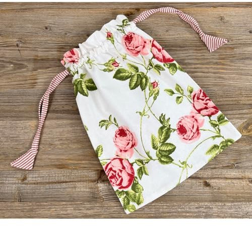 matches21 HOME & HOBBY Bonita bolsa de pan de tela Dorrit en color blanco - Bolsa de algodón con estampado de rosas en estilo rústico lavable con cordón - Bolsa de pan de 100% algodón para la cocina