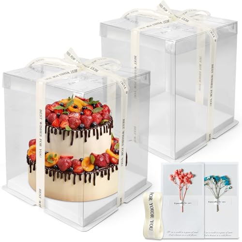 LONHCHI 2 Stück Tortenschachtel(30 * 30 * 25cm) Tortenkarton Tortenbox Cake Box Transparent Torten Transportboxen Geschenkbox Durchsichtig mit Sockel Band und ewige Blumen für Geburtstag Dessert