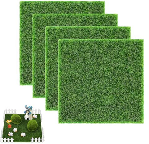 DHWEKU 4 Piezas Estera de Césped Artificial, 15CM x 15CM Césped de Jardín Realista Césped Artificial de Hadas Alfombra de Césped Garden Micro Grass para Decoración de Casa Muñecas Ornamento Jardín