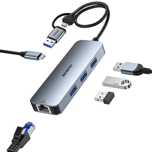 BENFEI Adattatore USB C Ethernet, Hub Con 3 Porte USB 3.0 e 1 Porta LAN RJ45 1000M Gigabit per MacBook Pro/Air 2023 iPad Pro iMac S23 Surface Book 3