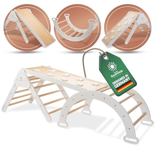 Klettergerüst Montessori 4 in1 Spiel-Set mit Kletterbogen, Rutsche und Kletterdreieck aus Holz, Indoor Spielplatz für Kleinkinder ab 18 Monate
