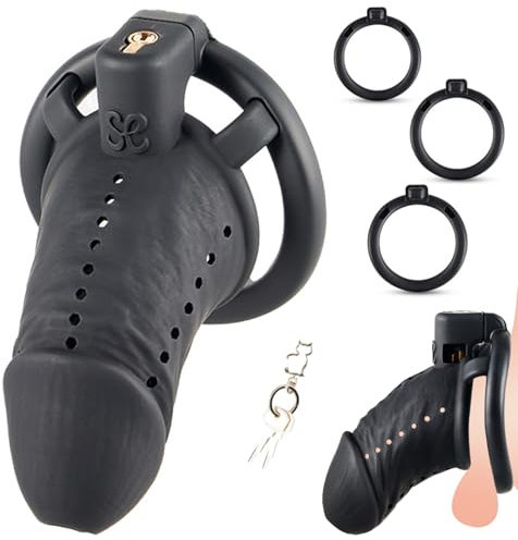 BDSMAGE Chastity Cage Male,Peniskäfig mit 3 Cockringe,Sex Spielzeug für die Männer,Keuschheitskäfig Herren,Keuschheitsgürtel für Herren,Cock Cage Sklaven Sexspielzeug extrem (Realistisch - L)