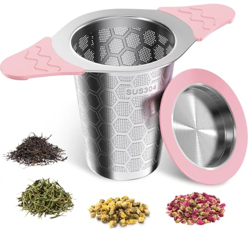 Tea Strainer for Loose Tea, 304 Stainless Steel Tea Infuser with Lid & Double Silicone Handles, Tea Filter Fine Mesh, Teapots, Cups, Tea Diffusers for Loose Tea - Pink