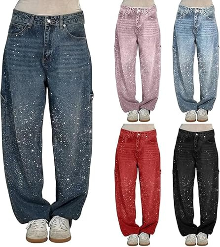 Pantalons en Denim à Strass Harem Droits à Jambe Large Pantalons Baggy en Denim à Taille Haute Élastiques Dégradés Jeans Brillants Vintage Sparkle Pantalons Larges Longs Décontractés avec Strass, bleu
