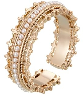IMINI Vintage Crown Adjustable Open Ring for Women Girls - Pearl Beaded Royal Design, Lightweight Stackable Wrap Finger Band, Christmas Wedding Jewellery Gift