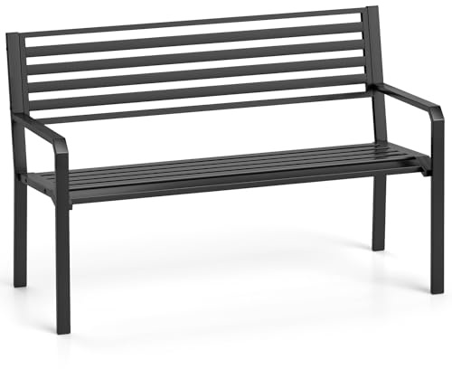 COSTWAY Trädgårdsbänk metall, väderbeständig sittbänk för 2 personer, balkongbänk med ryggstöd och armstöd, metallbänk kan belastas upp till 300 kg, järnbänk för trädgård, terrass, balkong, 127 x 56 x