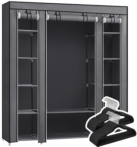 SONGMICS Juego de 50 Perchas, Armario de Tela con Barra de Colgar y Estantes, Perchas de Terciopelo, Antideslizantes, Muescas de Hombros, Gris y Negro LSC003G01