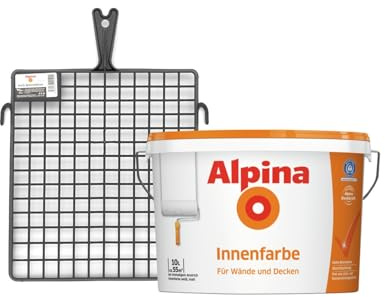 Alpina Innenfarbe Weiß + Abstreifgitter - weiße Wandfarbe, waschbeständig, diffusionsfähig & geruchsarm für Wände & Decken - 10L