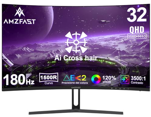 Amzfast Écran PC Gamer Incurvé 32 Pouces, QHD, 180Hz, 1MS MPRT, 1500R, AI Cross Hair, Adaptive Sync, Anti-Lumière Bleue, HDR, HDMI 2.0/DP 1.4, VESA 100 * 100, AMZG32C1Q
