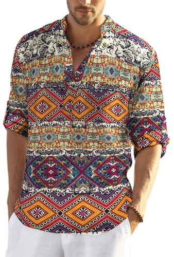 COOFANDY skjorta herr långärmad linneskjorta bomull Henley-skjorta casual normal passform sommarskjorta