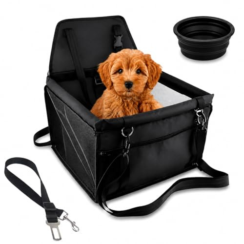 Transportin Perros y Gatos de Coche | Base Rígida y Refuerzos Laterales | Tejido Impermeable y Plegable con Correas Ajustables | Incluye Cinturón de Seguridad y Bol de Viaje Plegable | 40x40x32 cm.