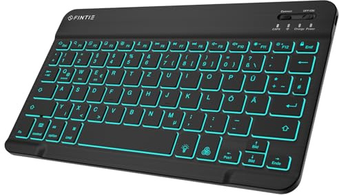 Fintie Clavier Bluetooth rétroéclairé en 7 couleurs, clavier de tablette avec disposition allemande QWERTZ pour iPad/iPhone, Samsung/Xiaomi/Honor Pad (compatible avec Windows, Android, IOS) (noir)