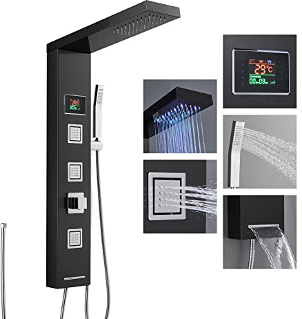 Sistema a colonna per pannello doccia in acciaio inossidabile 304 senza rubinetto e batteria - Colonna doccia a parete a 6 funzioni con luce LED, display della temperatura, getto a pioggia, getti c