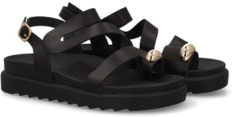 shoes&blues.es Sandalias de Mujer con Diseno de Tiras Anchas entrelazadas, Tira Trasera con Cierre de Hebilla, Adorno metalico y sujecion en el Dedo Gordo. Suela Plana y Acolchada. Ideal Verano.