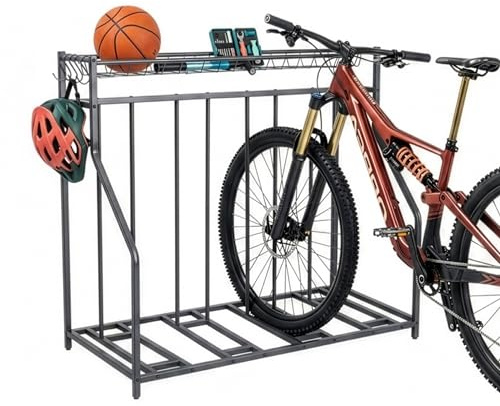 Relaxdays Portabiciclette da Terra, 4 Bici, Larghezza Pneumatici Regolabile 3–11 cm, Cestino e Ganci, Antracite