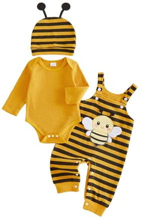 XIXIMAON Tenues abeilles pour bébé garçon fille couleur unie manches longues gaufré barboteuse animal patchwork rayé porte-jarretelles pantalon chapeau ensemble abeille nouveau-né tenues d'Halloween