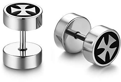 JewelryWe Schmuck Fake Plug Ohrstecker Edelstahl Eisernes Kreuz EK Fakeplug Tunnel Ohrringe Ohr-Piercing für Herren Damen Silber