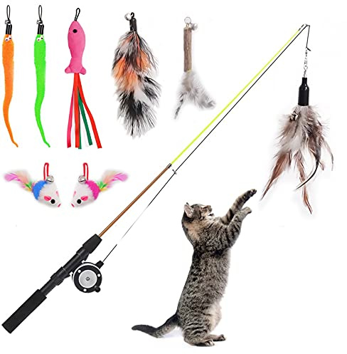 Whefory Retractable Cat Teaser Wand Toy, Cat Toys for Indoor Outdoor Cats Interactive Fishing Rod with 8 Pcs Refills Feather Toy, Plush Mouse Caterpillar & Fish