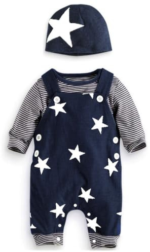 SFreeBo Infant Baby Boy Clothes Newborn Baby Outfits Romper Stripe Long Sleeved T-shirt Tops Star Pattern Dungarees Hat 3pcs Set