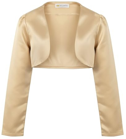 Bolerose Boléro Fille Satin Manches Longues Cérémonie | Ouvert devant, Sans fermeture, Épaules froncées, Coupe courte, Poignets nets, 3-14 ans