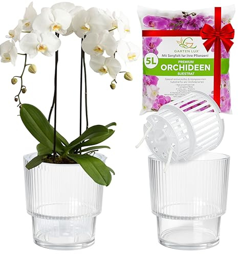 Garten lux 2-pack Självbevattnande krukor för orkidéer - Transparent, Ø16cm, orkidékruka 2,7L (Inkruka 1,9L med dräneringshål och vekesystem) + 5L orkidéjord för alla orkidéer för inomhusbruk