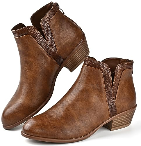 SDONY Damen Stiefeletten Low Heels Chunky Fashion Zipper Dressy Booties für Frauen, Braun, 40 EU