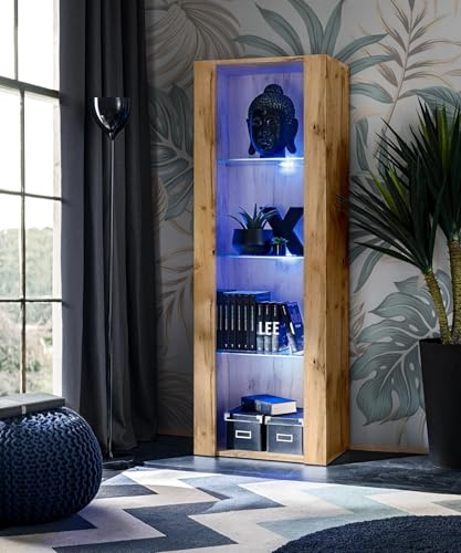 Komodee, Vetrina Tivoli, Wotan, Larghezza 55 cm x Altezza 159 cm x Profondità 35 cm, LED BLU, 3 ripiani, Per soggiorno, Camera da letto, anticamera