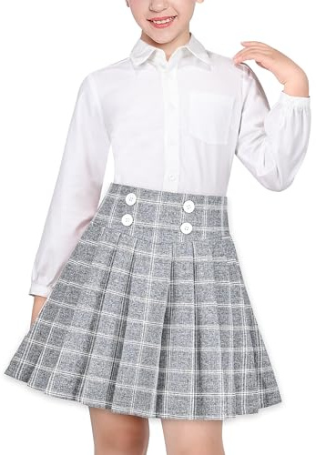 Sunny Fashion Ragazze Gonna Set Bianca Camicia Grigio Griglia Plaid Pieghe Scuola Tennis Casuale 13-14 Anni