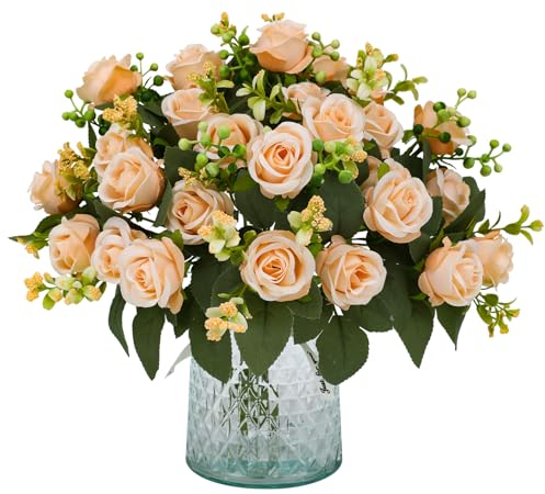 JUSTOYOU 4PS Künstliche Champagner Seiden-Rose Sträuße Mit Stiel, Gefälschte Realistische Blumen für Hochzeit, Home, Garten, Party, Büro Dekor