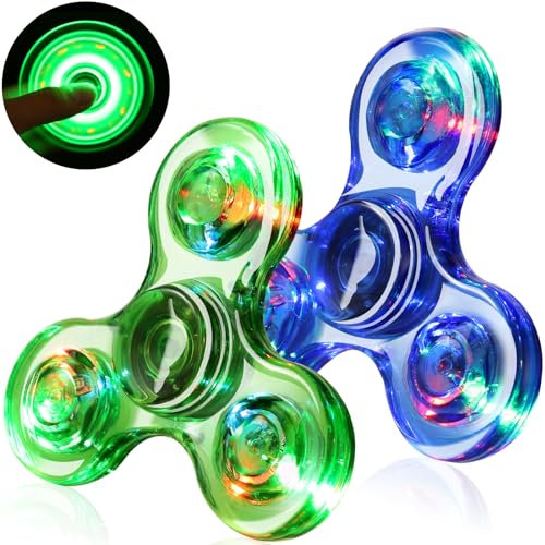 SCIONE 2PCS Crystal LED Light Fidget Spinner para niños, Juguetes Luminosos para niños pequeños, Que Brillan en la Oscuridad para Fiestas (Crystal- Azul y Verde)