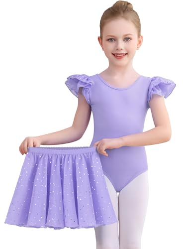 Comfyouth Balettkläder för flickor småbarn glänsande dans trikåer bodysuit volang ärmar baletttrikåer med avtagbar kjol, Lila, 5-7 Years