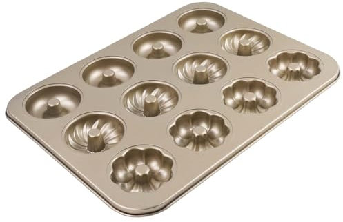 QUTHZZHY Donut Backform, Donut-Pfanne Kuchenform 12 Mulden, Antihaft-Donut-Backform aus Kohlenstoffstahl, 3 Formen, zur Herstellung von Donuts Kekse Bagels und anderen Leckereien(Gold)